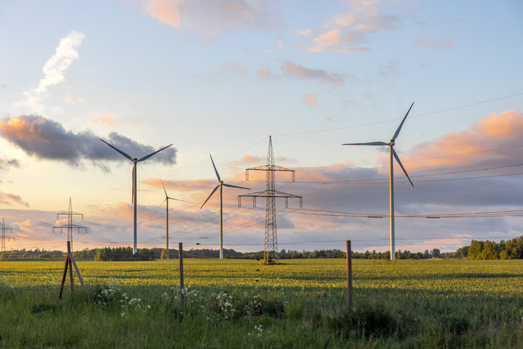 In einer grünen Landschaft stehen Windkraftanlagen und Strommasten.